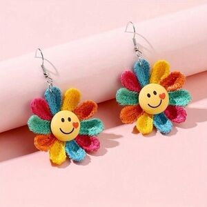 1Pair DIY Rainbow Color Sunflower Smiling Face Design Dangle Earrings Cute